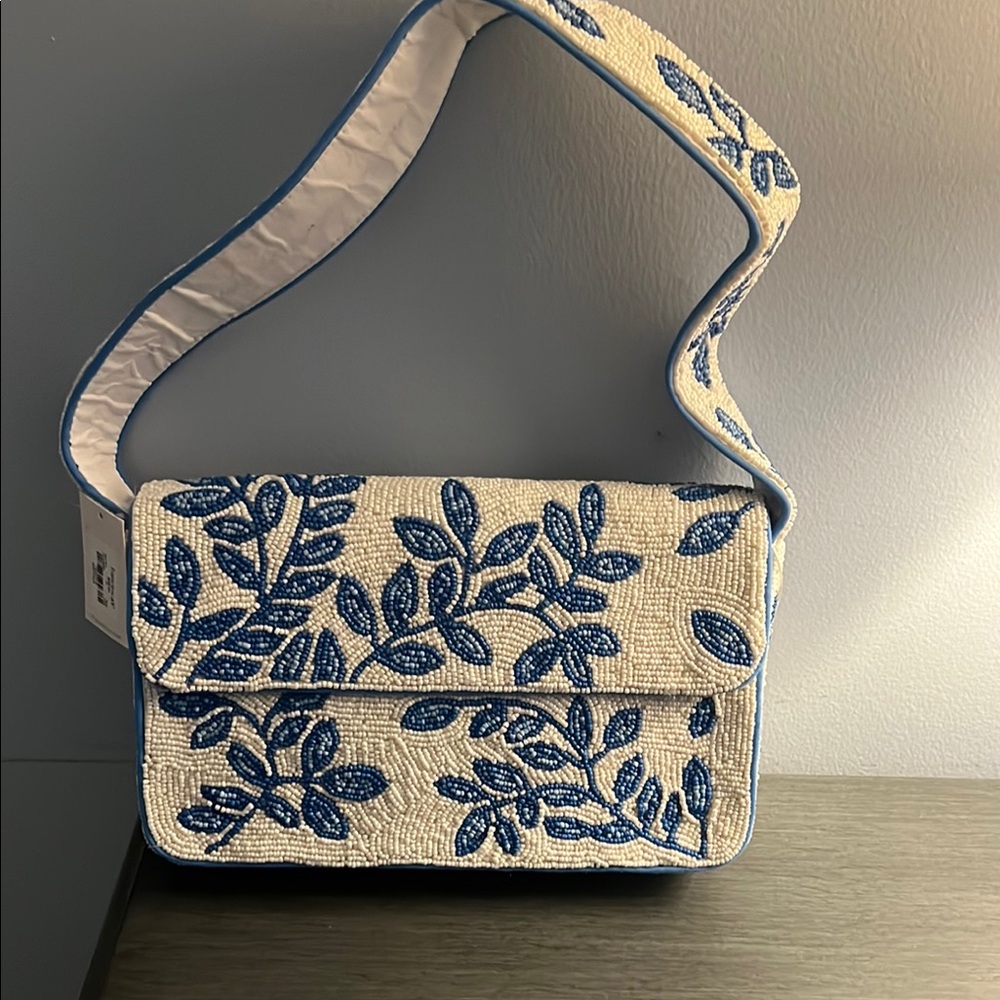 Blue and Cream Floral Beaded Shoulder Bag